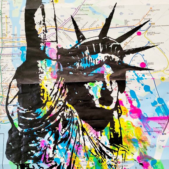 Handpainted Statue of Liberty Unique Acrylic Art painting on a NYC Subway map - Picture 4 of 8